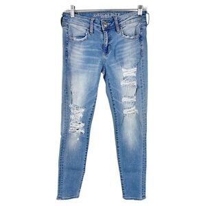 American Eagle Super Stretch X Distressed Light Wash Blue Denim Jegging 4
